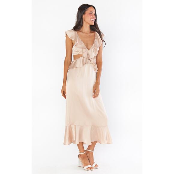 Show Me Your Mumu Zoey Midi Dress in Champagne Luxe Satin L NWT - Picture 4 of 10